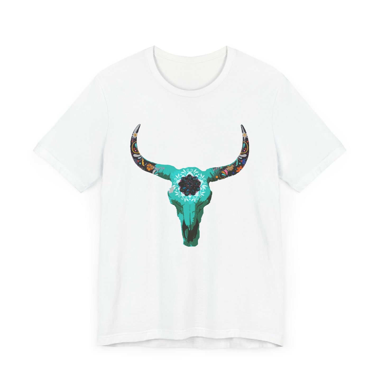 Turquoise Floral Longhorn Skull T-Shirt
