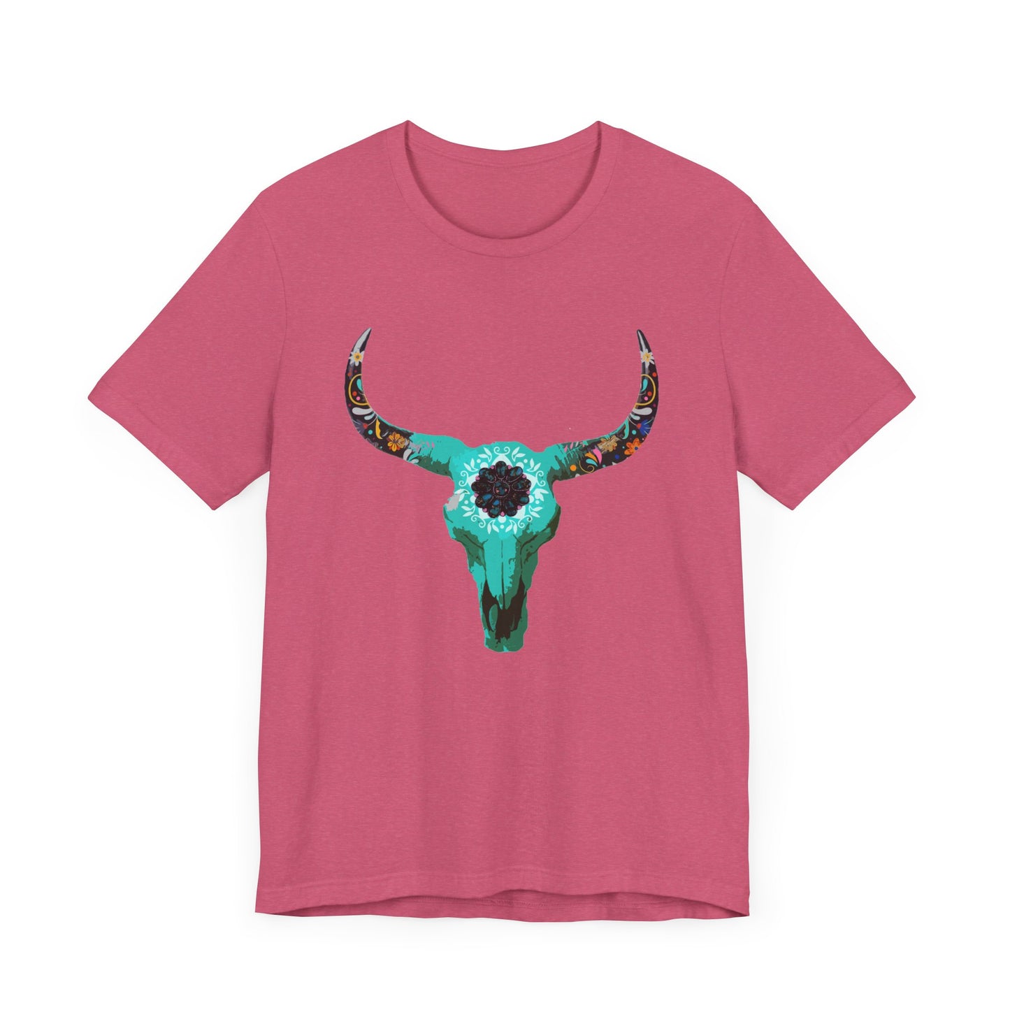 Turquoise Floral Longhorn Skull T-Shirt