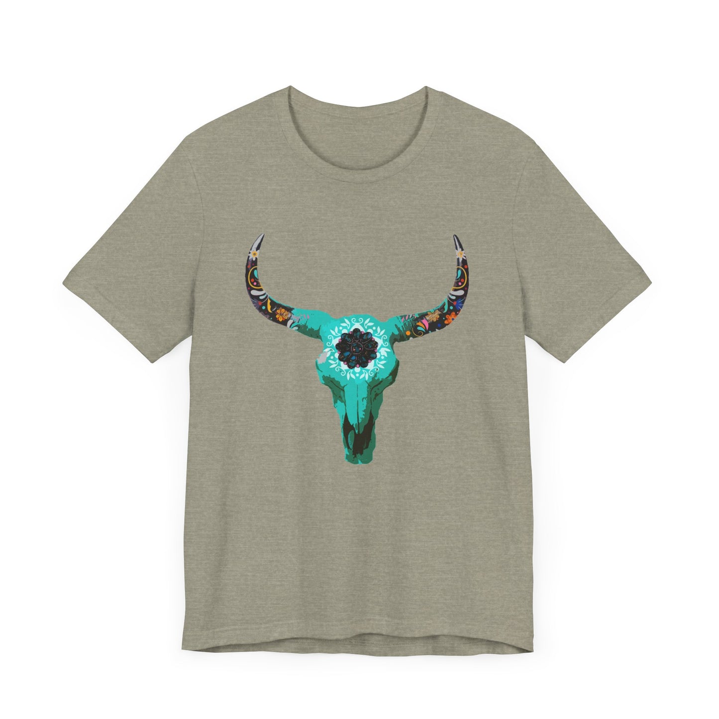 Turquoise Floral Longhorn Skull T-Shirt