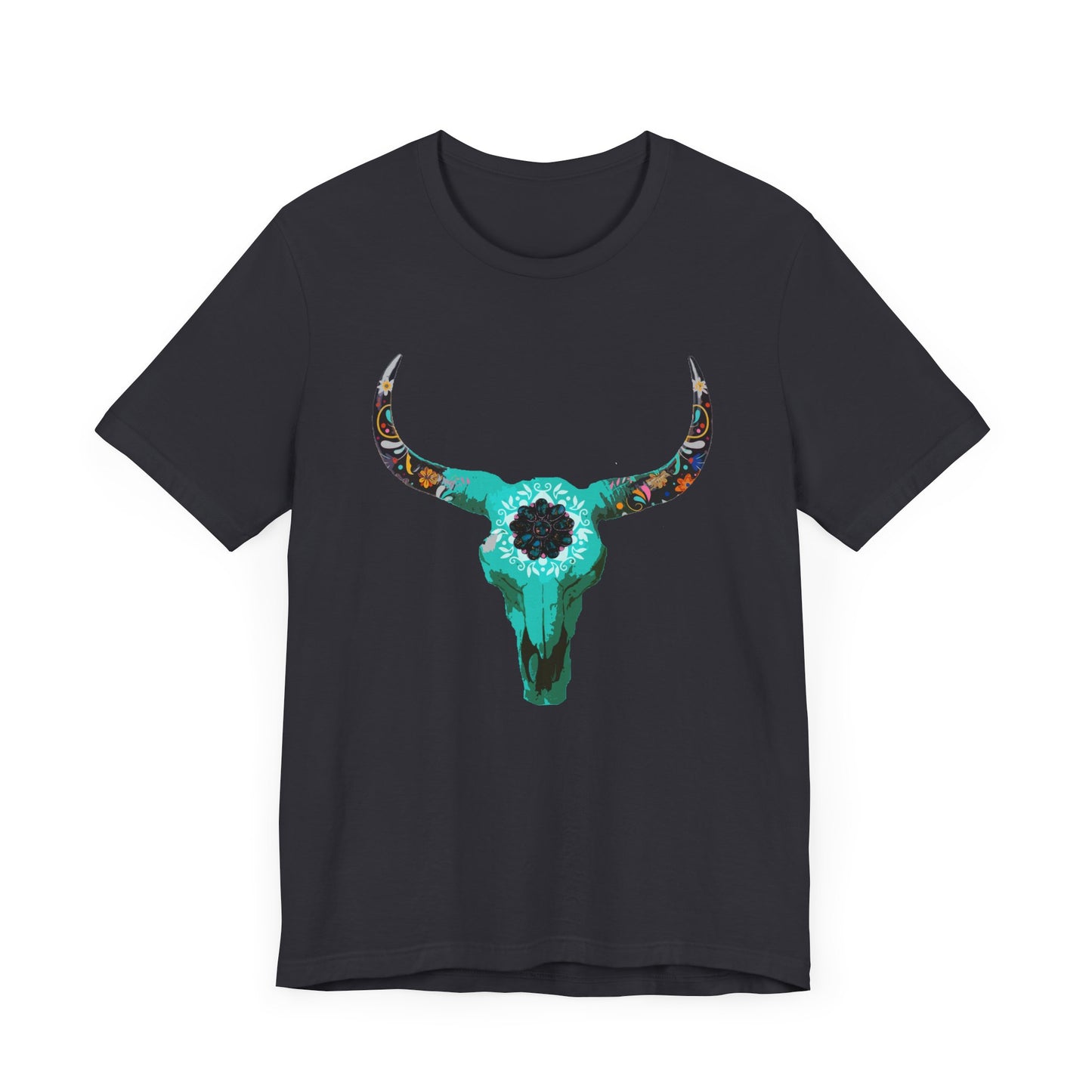 Turquoise Floral Longhorn Skull T-Shirt